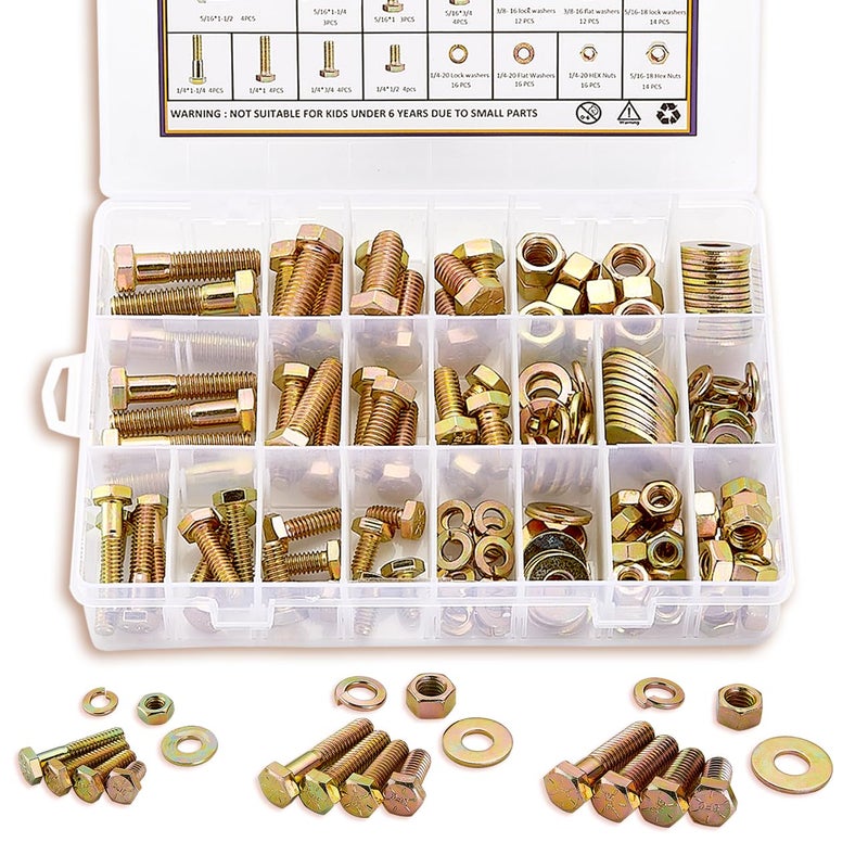 ZTF SAE Grade 8 Bolts and Nuts Assortment Kit, Heavy Duty Hex Cap Screw & Bolt Assortment Sets 12 Common Sizes, 1/4-20 5/16-18 3/8-16 Assorted Nuts Bolts Washers, 42 Sets, 3/4" to 1-1/2" Length - Image 1